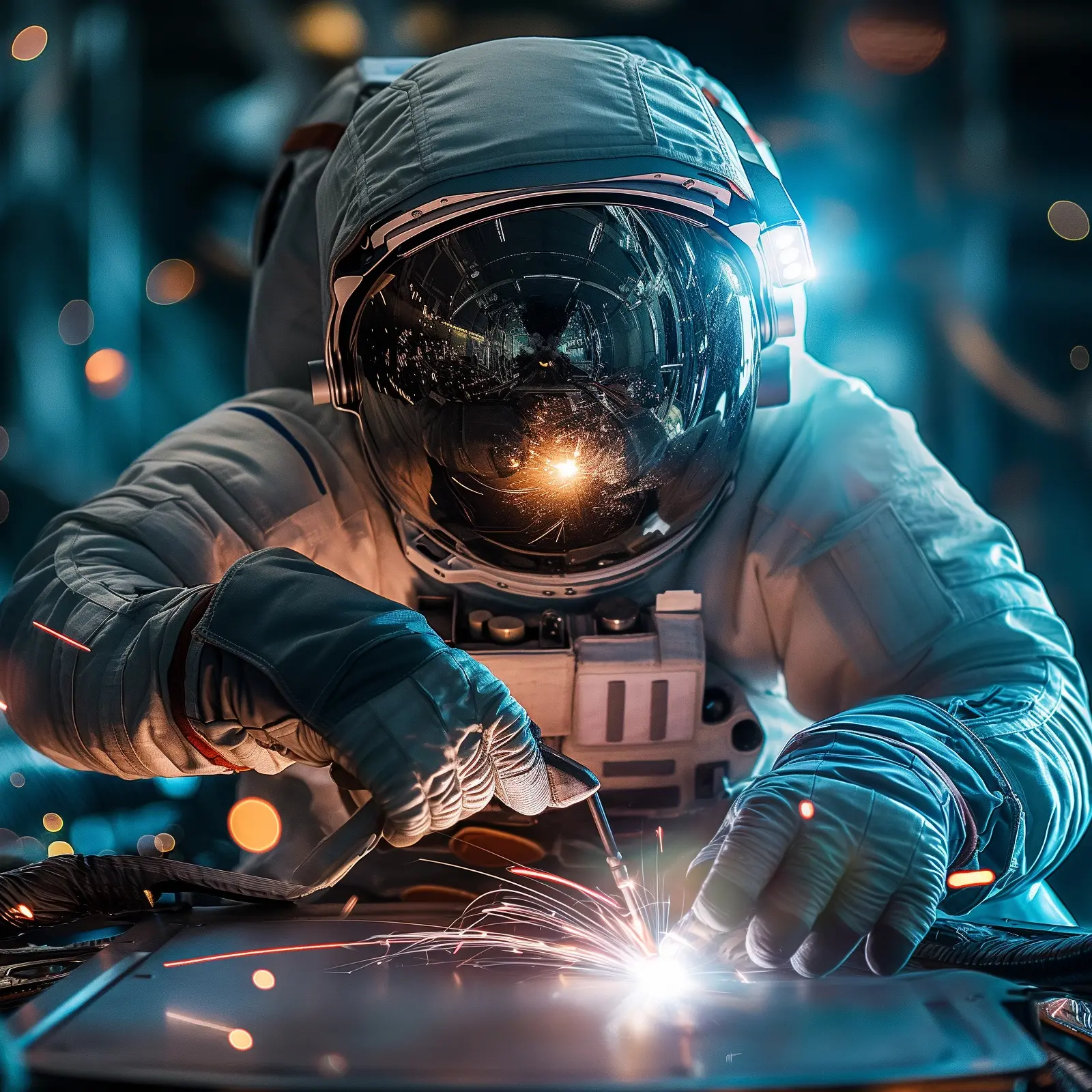 Astronaut welding on a metal plate