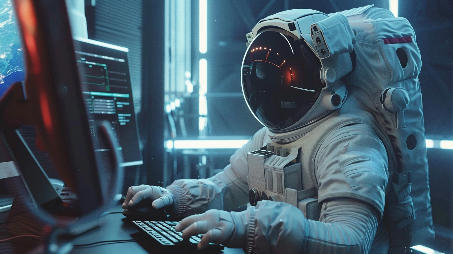 Astronaut working on a desktop computer 