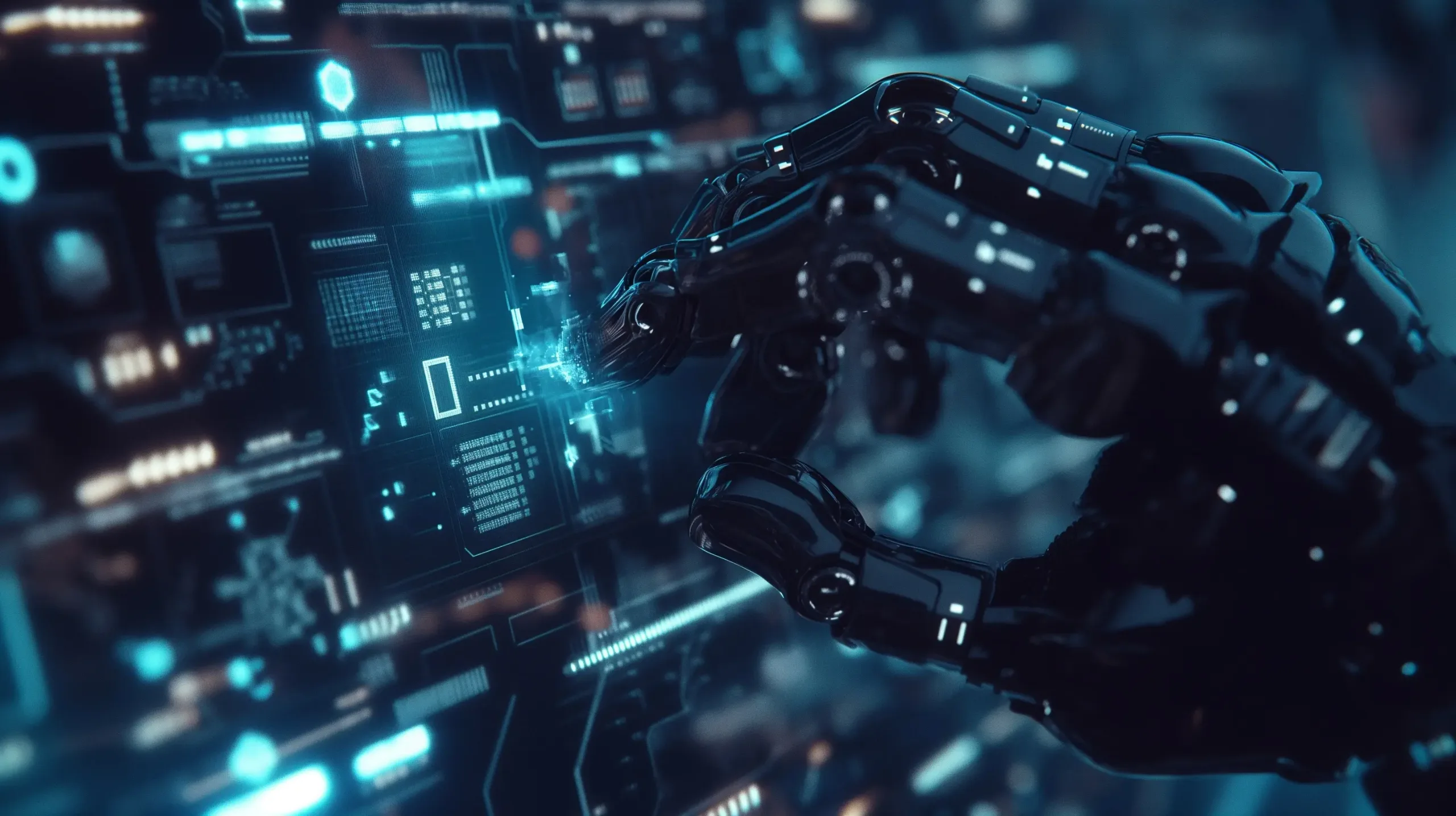 Black robotic hand operates a futuristic panel