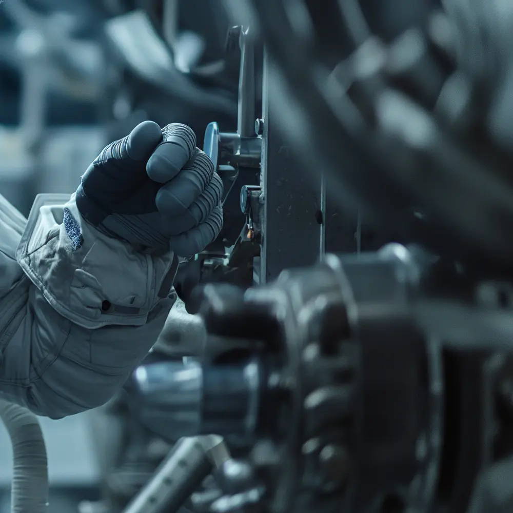 An astronaut's hand works on a highly complex machine