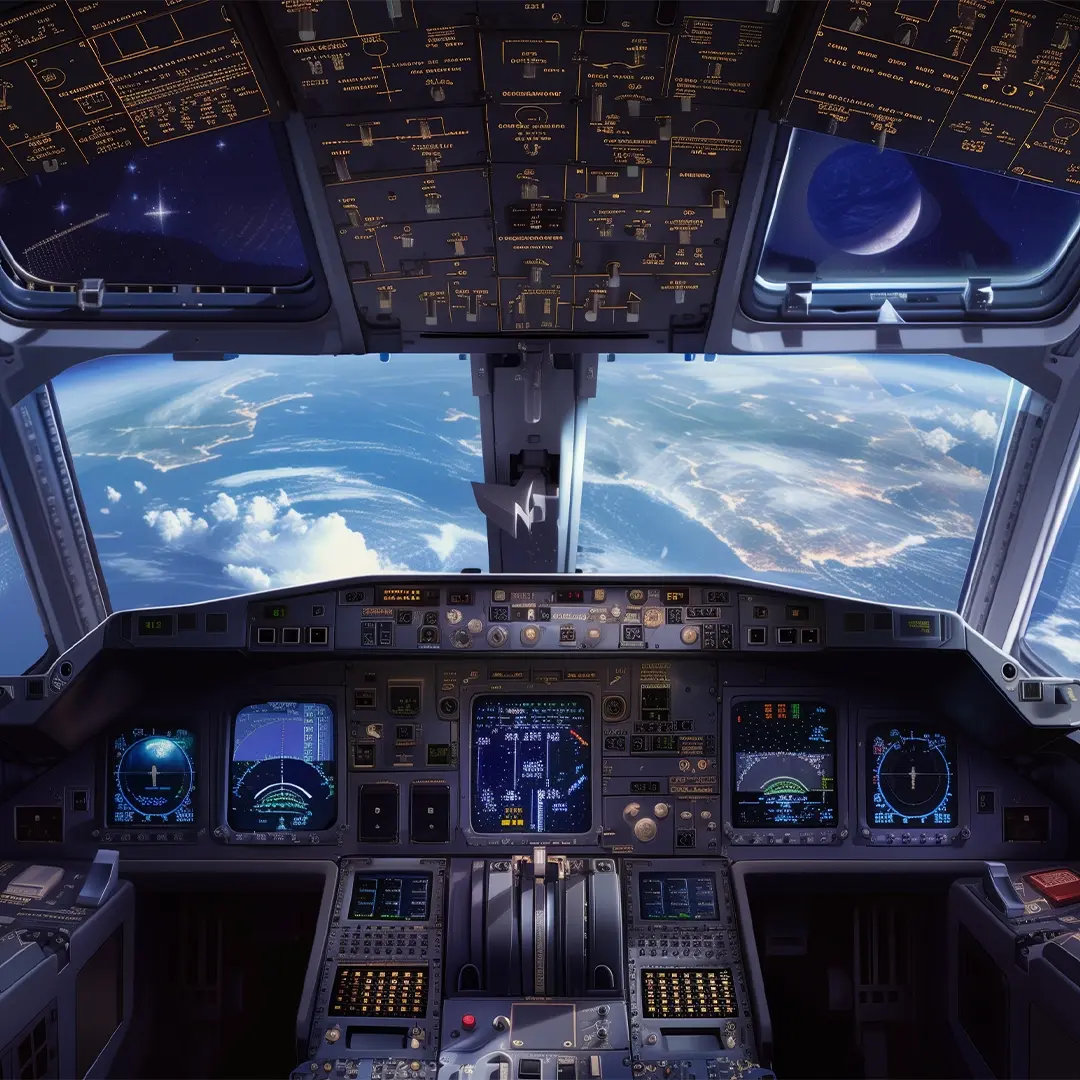 The cockpit of a modern rocket flying through space